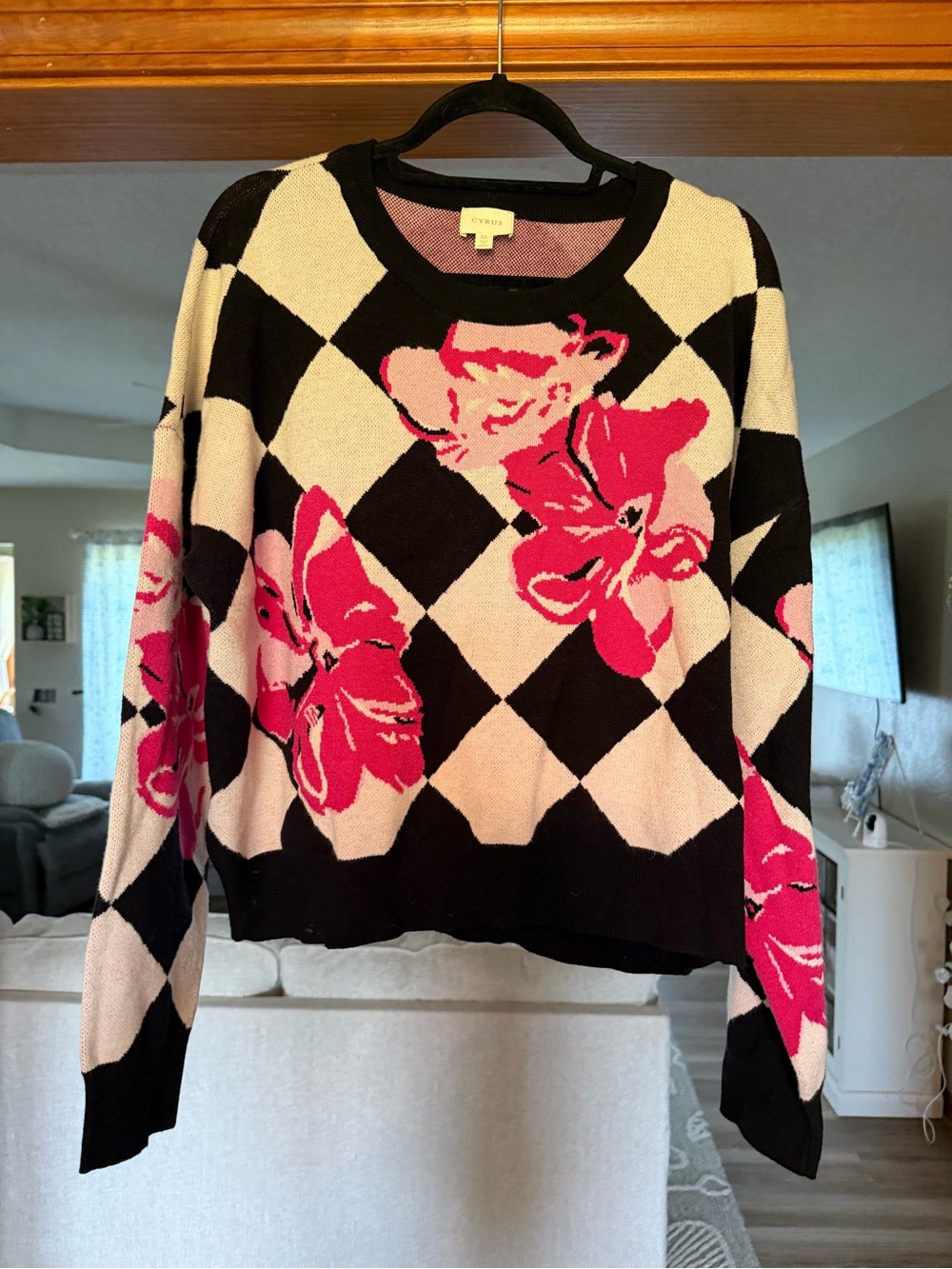 Cyrus Black, Cream & Pink Floral Argyle Crewneck Sweater
